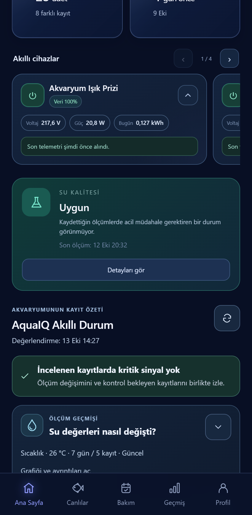 AquaIQ içinde bağlı akıllı priz verisi ve kayıtlı su kalitesi bölümü
