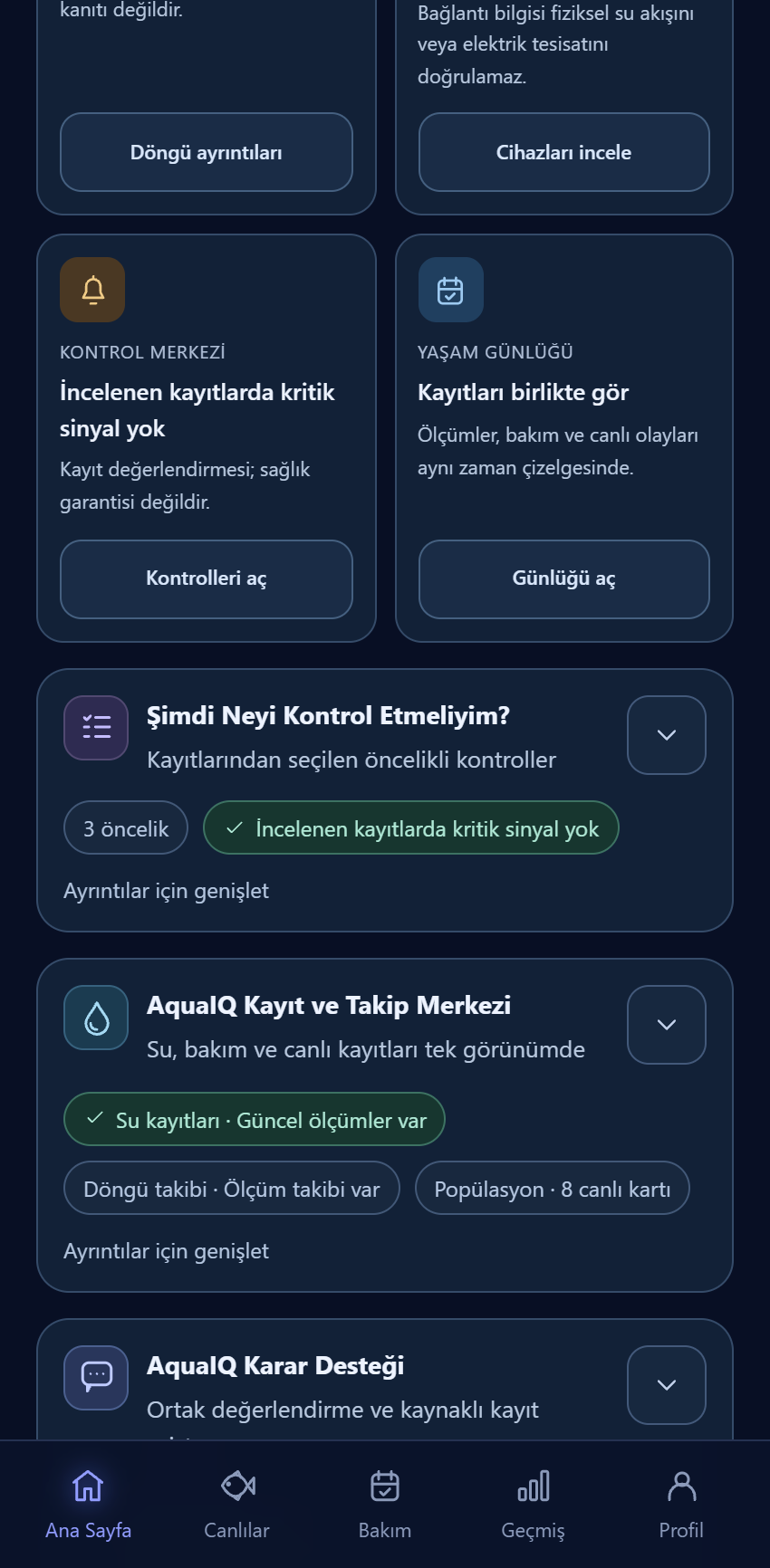 AquaIQ kontrol merkezi, yaşam günlüğü ve öncelikli kontrol kartları